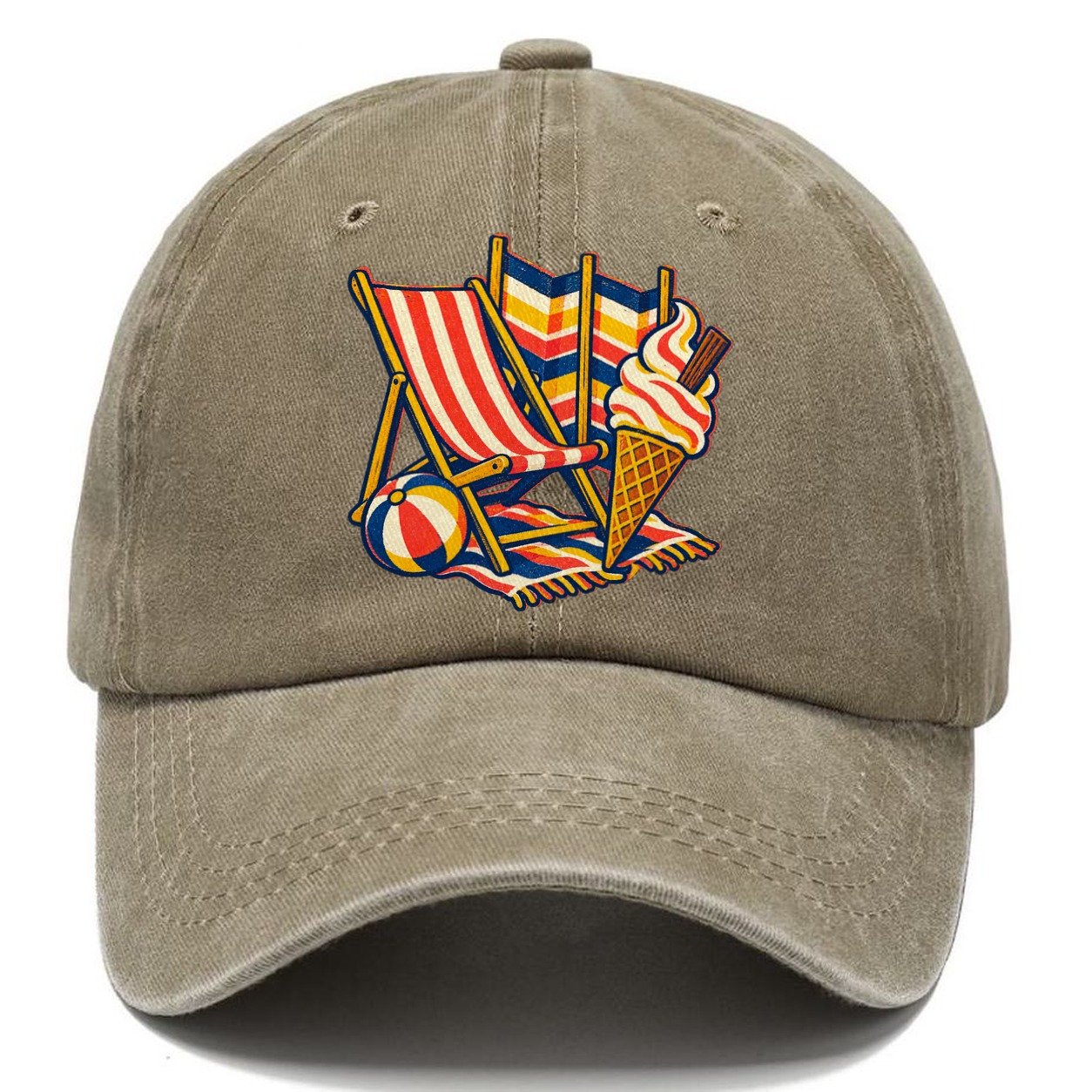 British Seaside Deckchair Windbreak And Ice Cream Uk Culture Heritage Classic Cap – Warm Sand