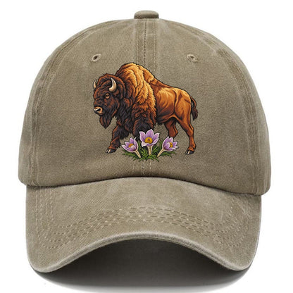 Wood Bison And Prairie Crocus Canada Cultural Icons Classic Cap – Warm Sand