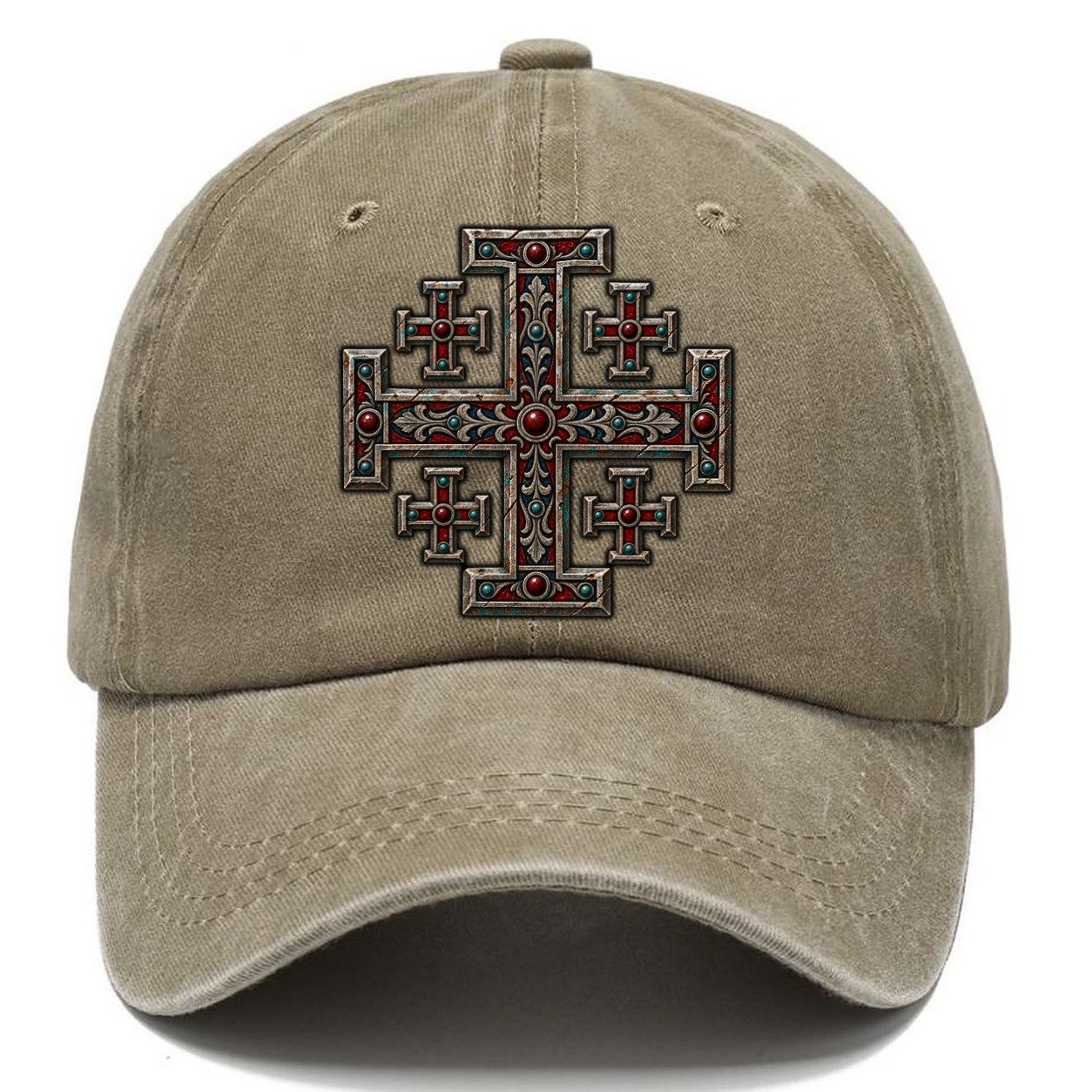 Engraved Silver Reliquary Panel Jerusalem Cross Classic Cap – Warm Sand