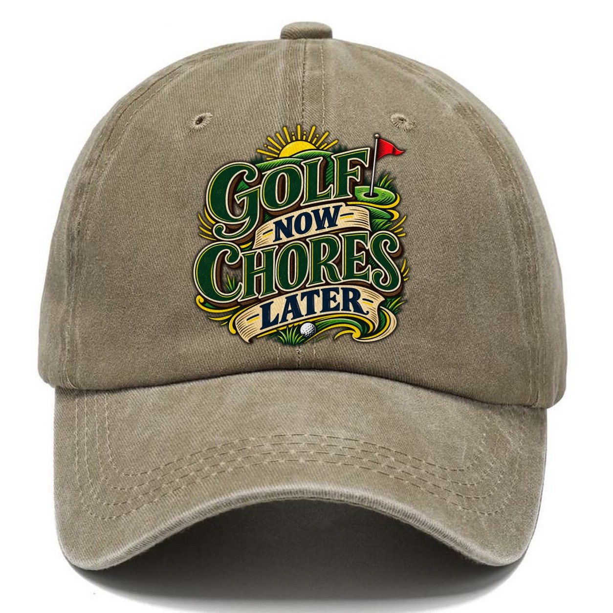 Golf Now Chores Later Retired Living Classic Cap – Warm Sand