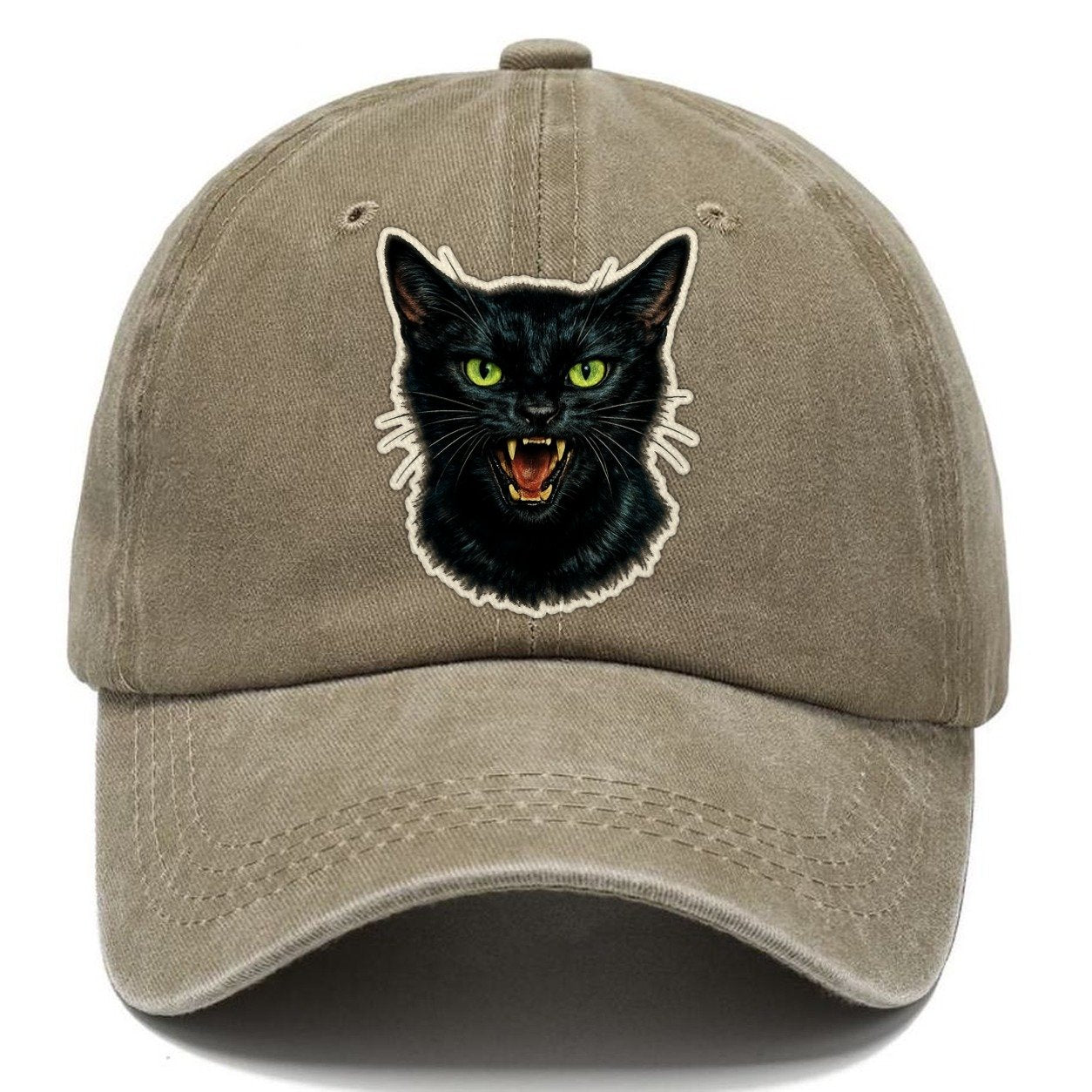 Hissing Green Eyed Black Cat Classic Cap – Warm Sand