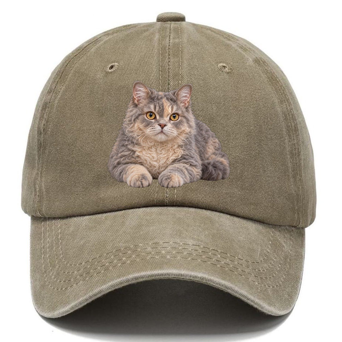 Selkirk Rex Reclining Paws Forward Realistic Cat Portrait Classic Cap – Warm Sand