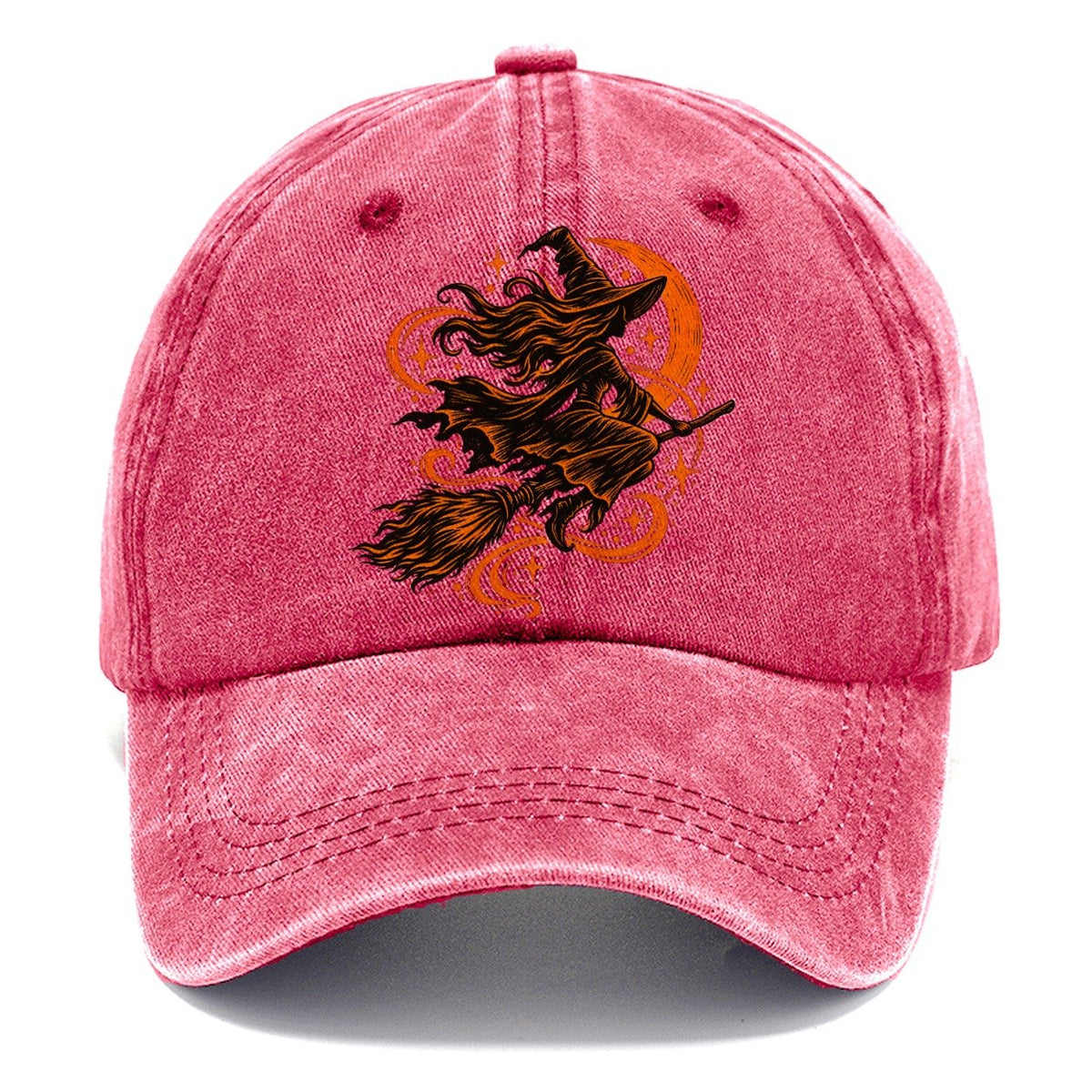 Woodcut Witch Riding Broomstick Classic Cap – Pomegranate Blush