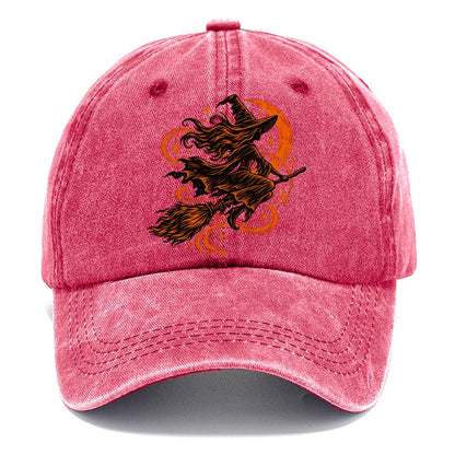Woodcut Witch Riding Broomstick Classic Cap – Pomegranate Blush