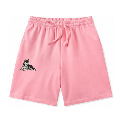 Siberian Husky Black And White Relaxed Lying Down With Head Washed Shorts – Pink