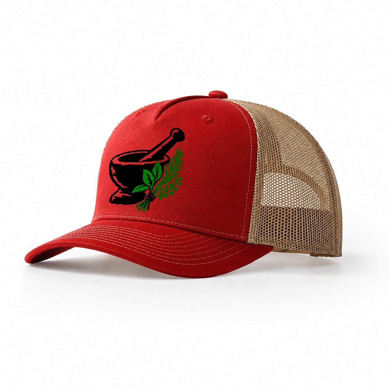 Mortar And Pestle With Herbs Witch Magic Trucker Hat – Red Khaki