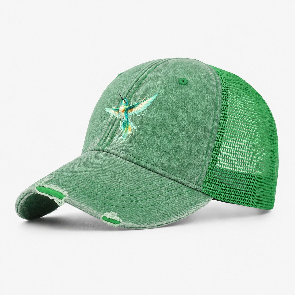Teal Watercolor Hummingbird Washed Trucker Hat – Ink Green