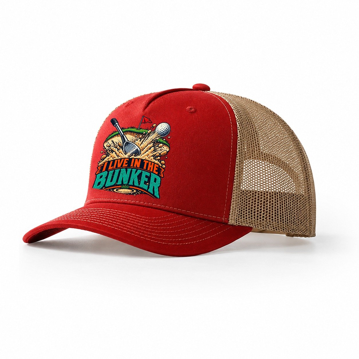 I Live In The Bunker Golf Life Trucker Hat – Red Khaki