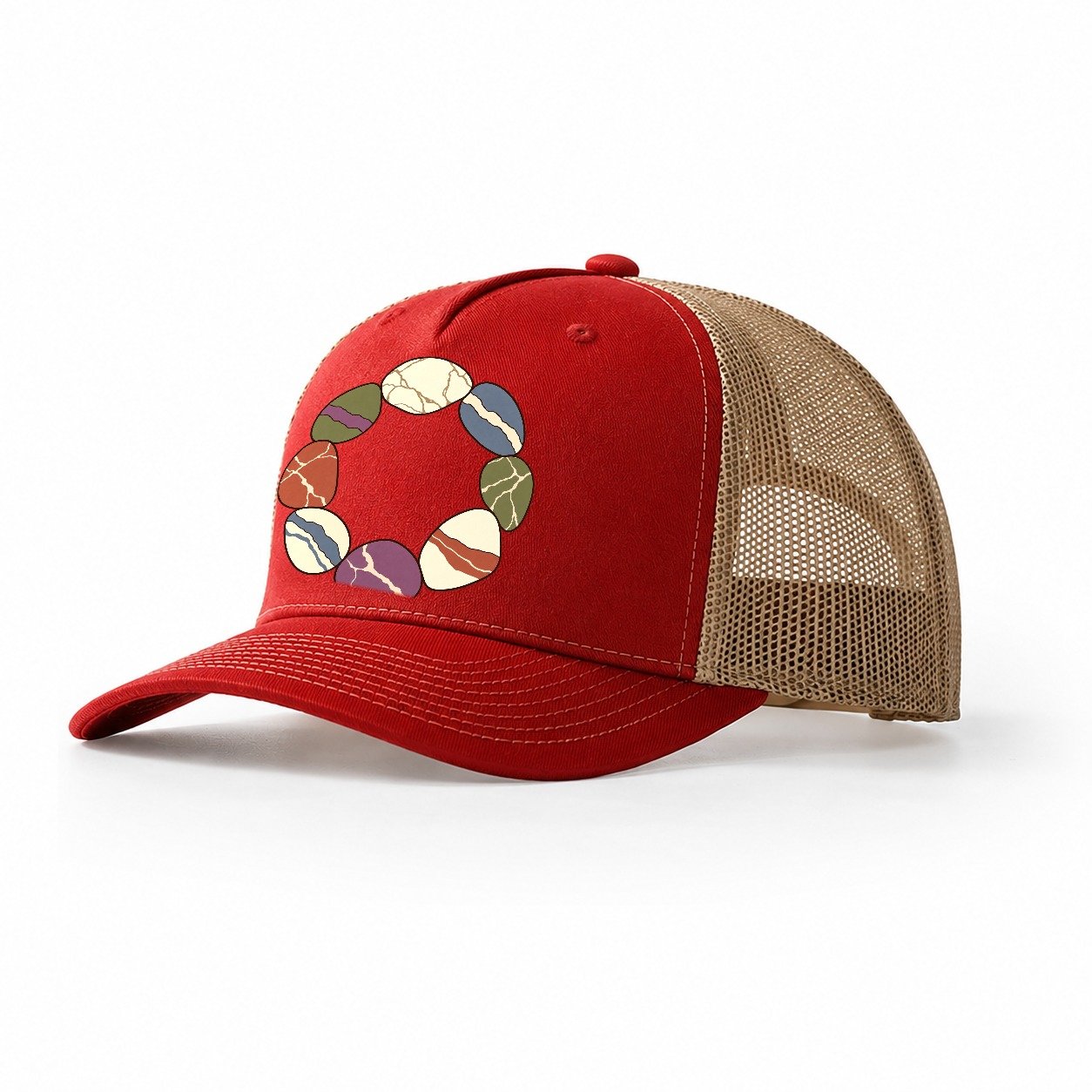 Tumbled Stone Colour Wheel Rocks And Minerals Trucker Hat – Red Khaki