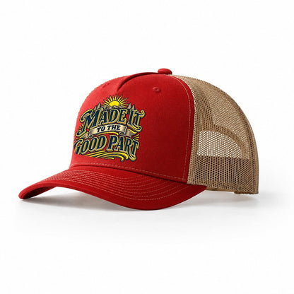 Made It To The Good Part Retired Living Trucker Hat – Red Khaki