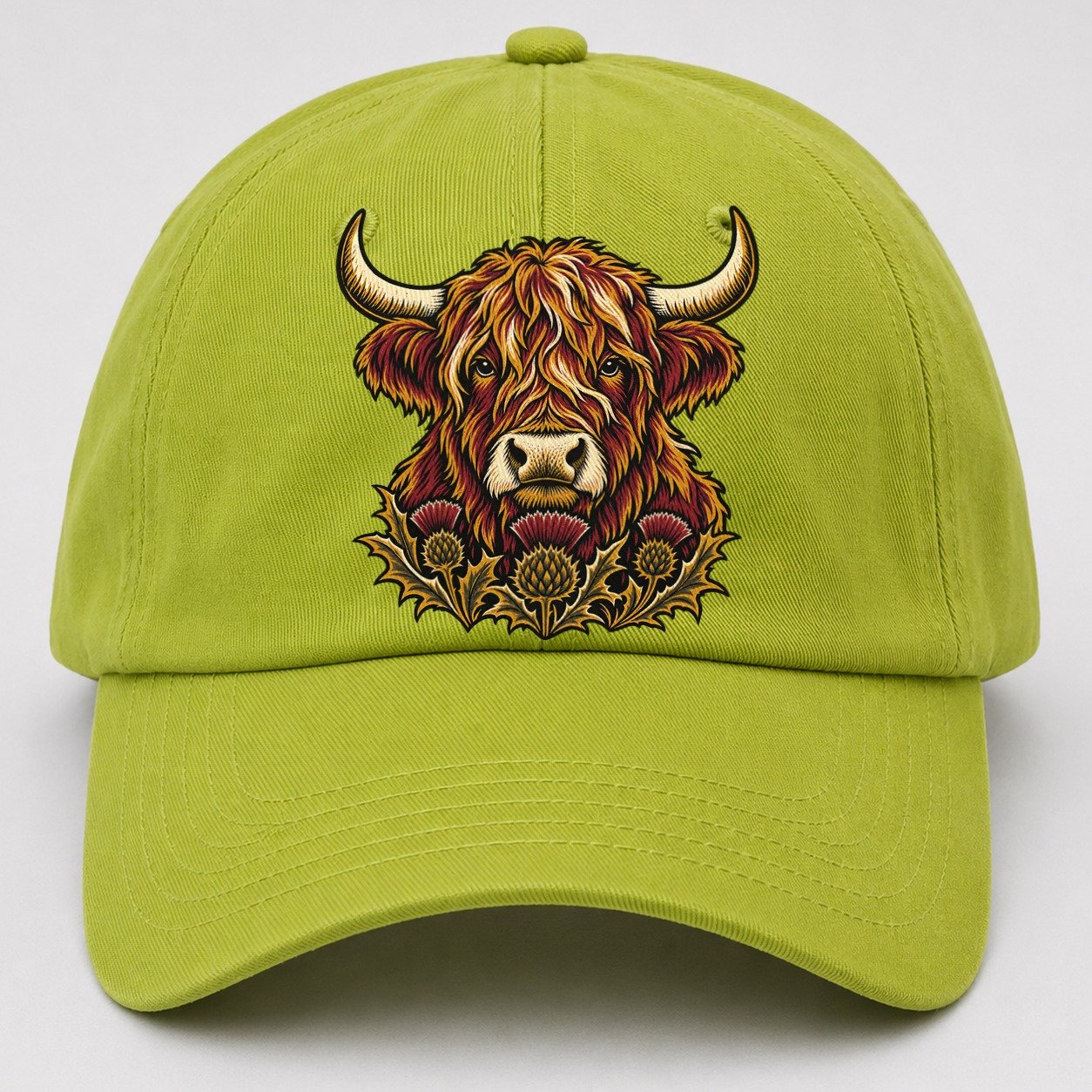 Highland Cow With Thistle Meadow Uk Culture Heritage Baseball Cap – Fluorescent Green
