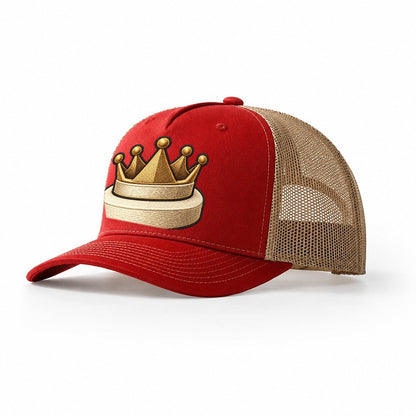 Crown Token On A Round Base Board Games Trucker Hat – Red Khaki