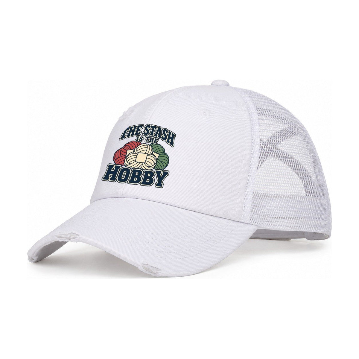 The Stash Is The Hobby Yarn Crafts Women's Ponytail Trucker Hat – White White