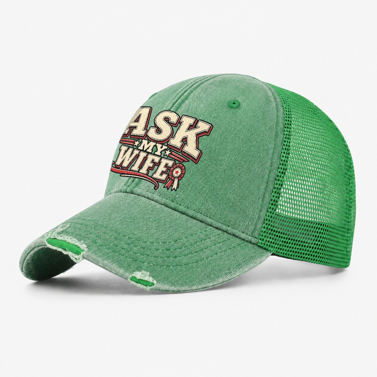 Ask My Wife American Wit Washed Trucker Hat – Ink Green