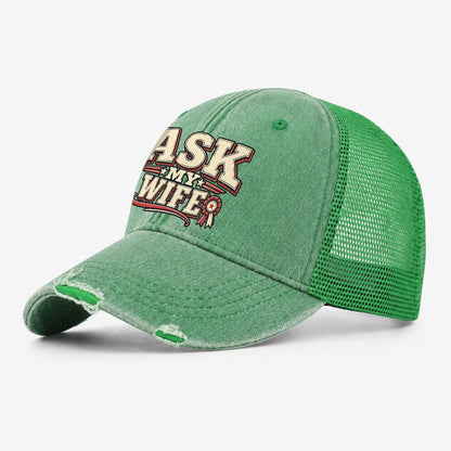 Ask My Wife American Wit Washed Trucker Hat – Ink Green