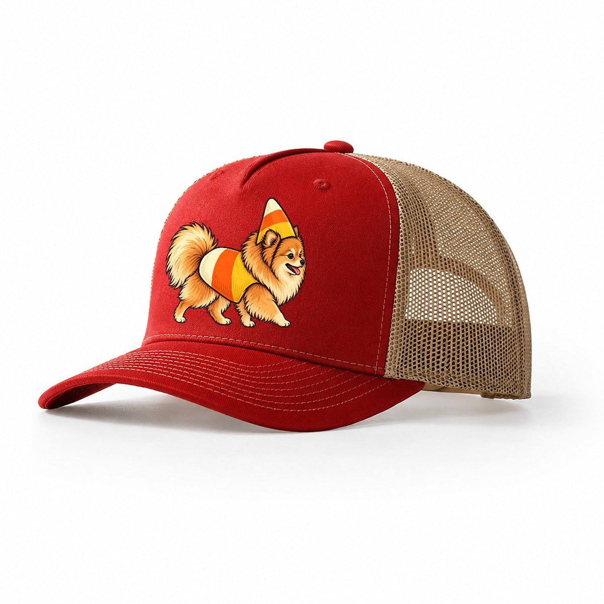 One Pomeranian In Halloween Costume Candy Corn Costume Tri Color Pointed Cone Halloween Dog Parade Trucker Hat – Red Khaki