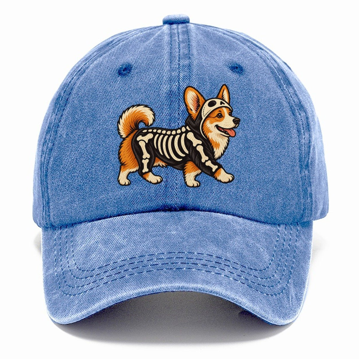 One Corgi In Halloween Costume Skeleton With Painted On Bones Halloween Dog Parade Classic Cap – Summer Sky