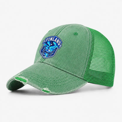Finland Retro Badge Country Logos Washed Trucker Hat – Ink Green