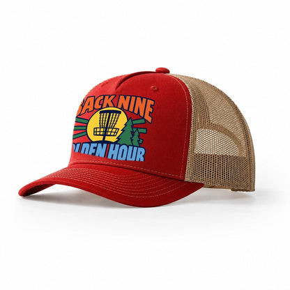 Back Nine Golden Hour Disc Golf Trucker Hat – Red Khaki