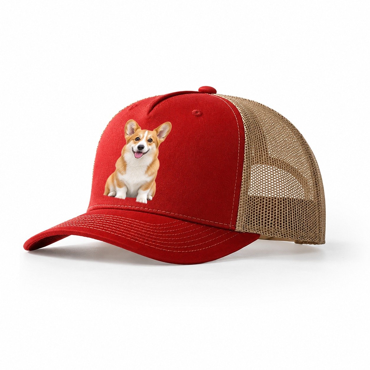 Pembroke Welsh Corgi Sitting Top Breeds Trucker Hat – Red Khaki