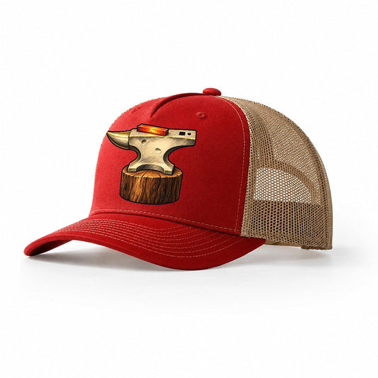 Anvil And Hot Bar Blacksmithing Trucker Hat – Red Khaki