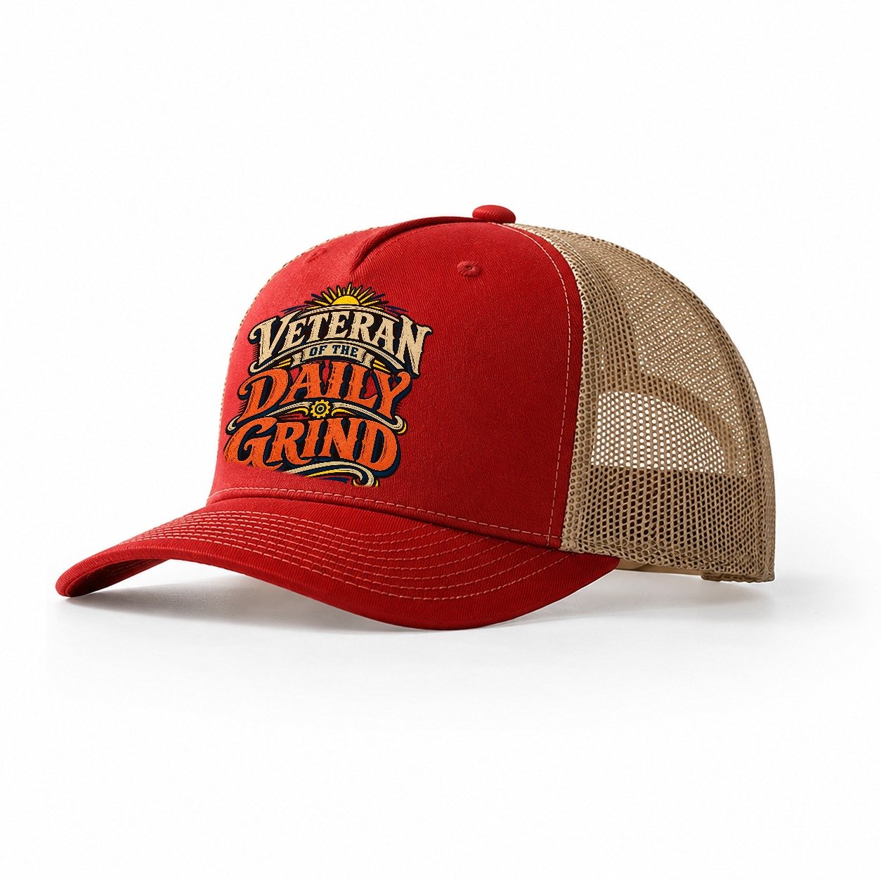 Veteran Of The Daily Grind Retired Living Trucker Hat – Red Khaki