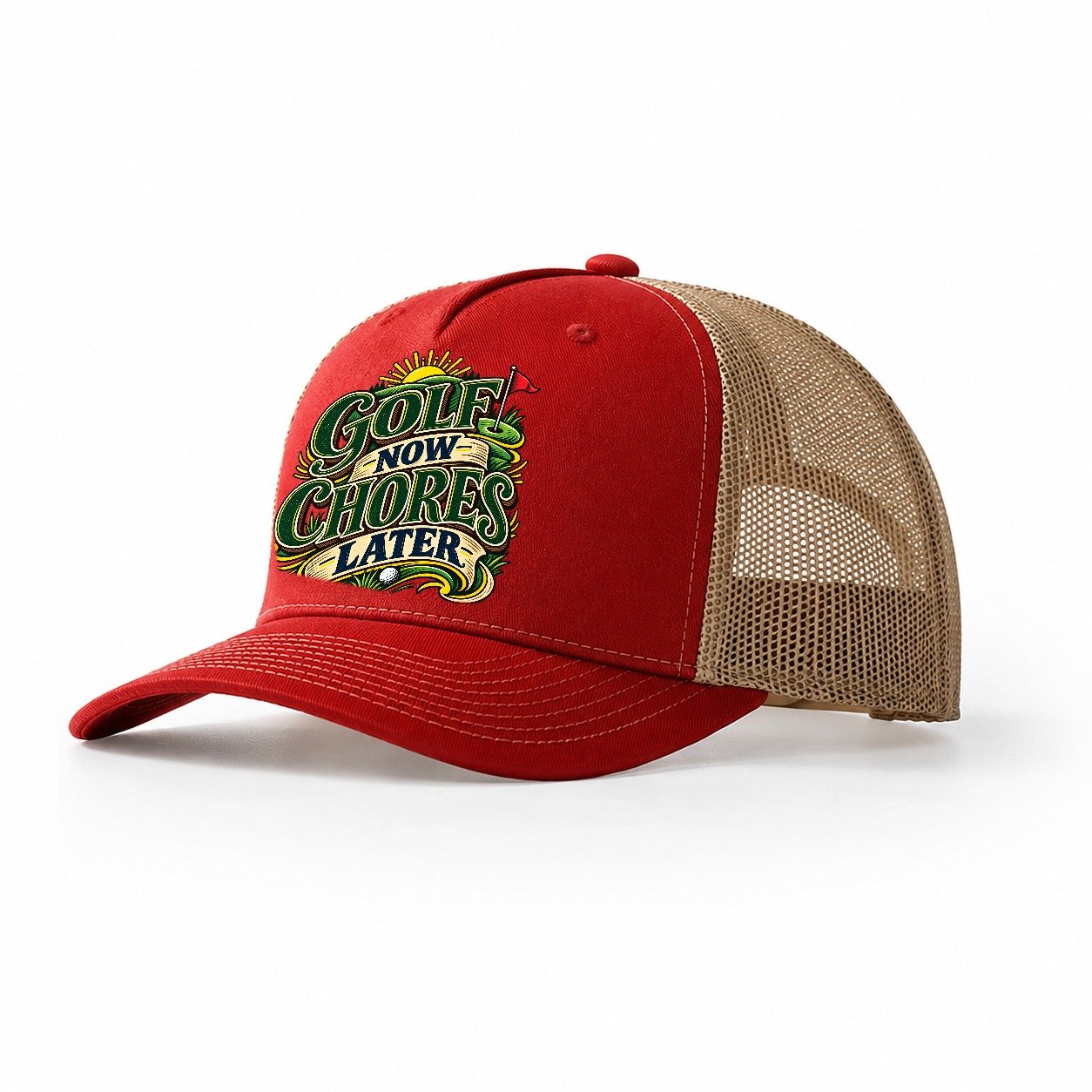 Golf Now Chores Later Retired Living Trucker Hat – Red Khaki