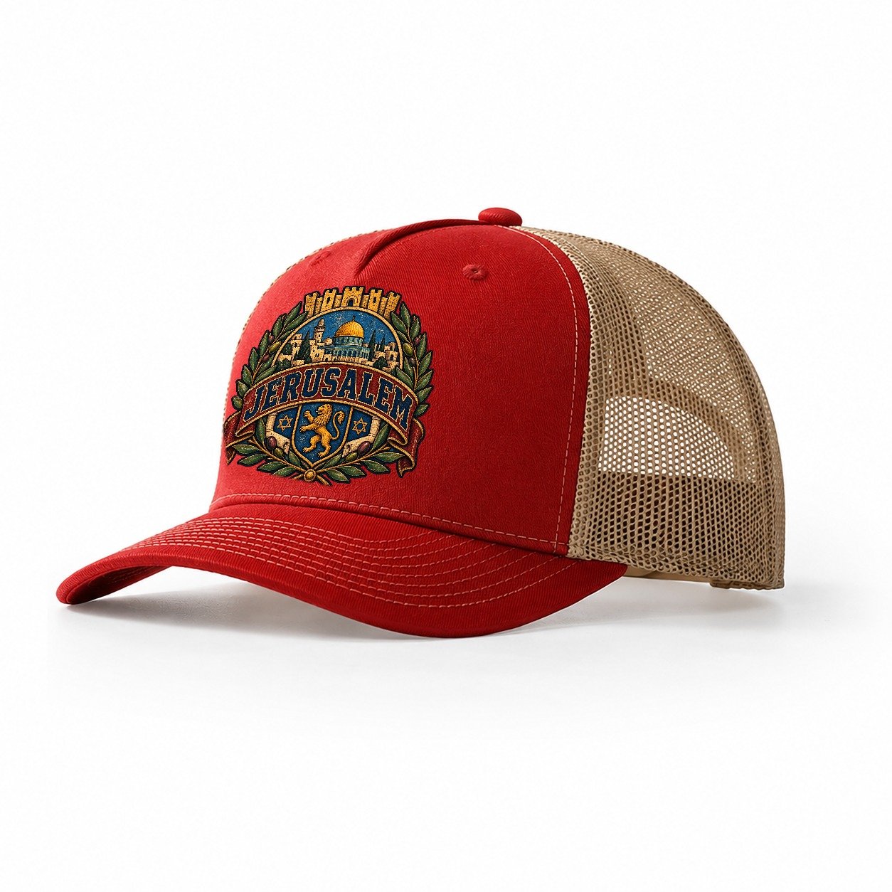 Collegiate Jerusalem Crest Jerusalem Trucker Hat – Red Khaki