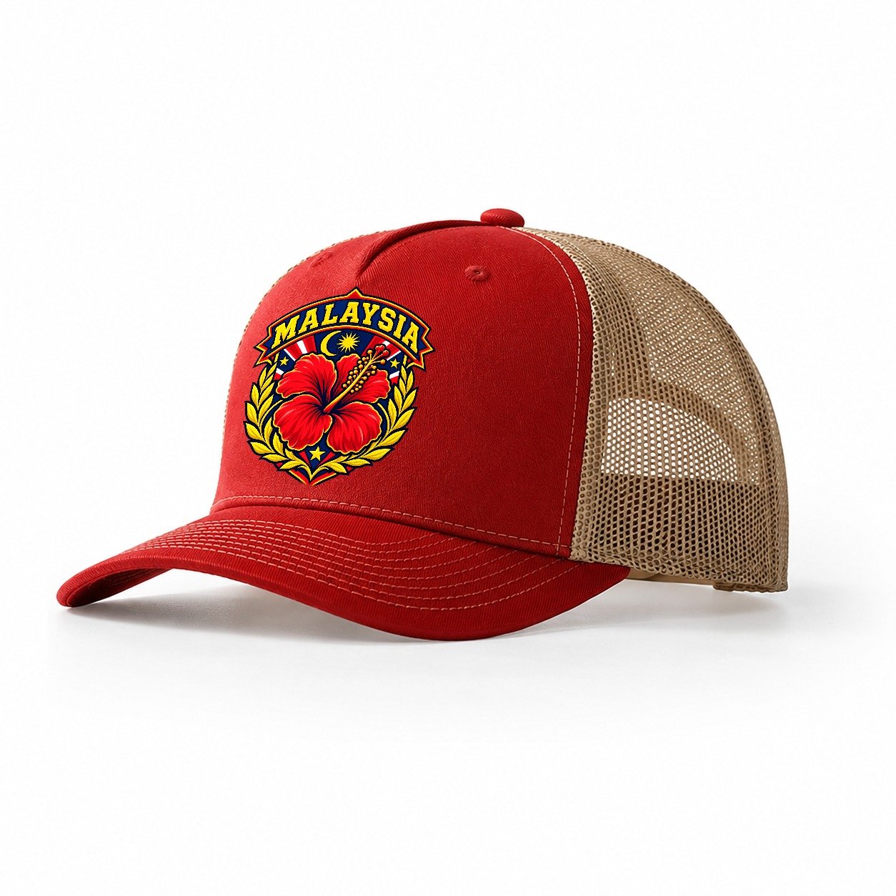Malaysia Retro Badge Country Logos Trucker Hat – Red Khaki
