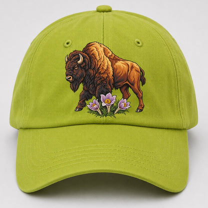 Wood Bison And Prairie Crocus Canada Cultural Icons Baseball Cap – Fluorescent Green