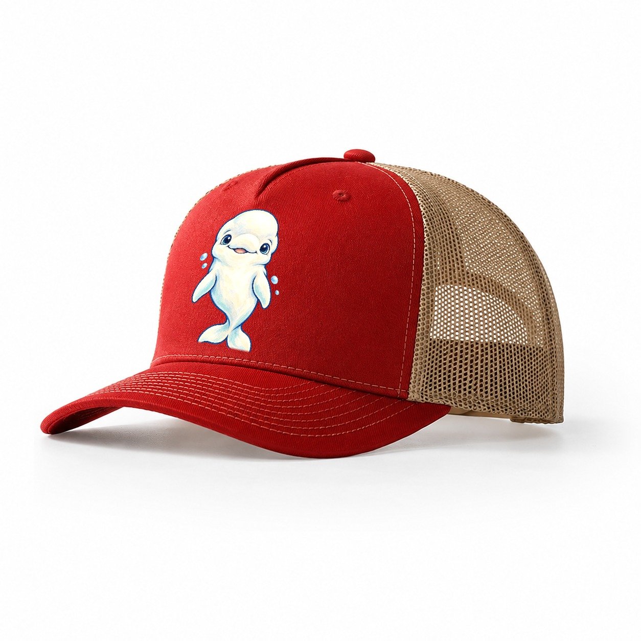 Beluga Whale Front Smile Sea Sprite Trucker Hat – Red Khaki