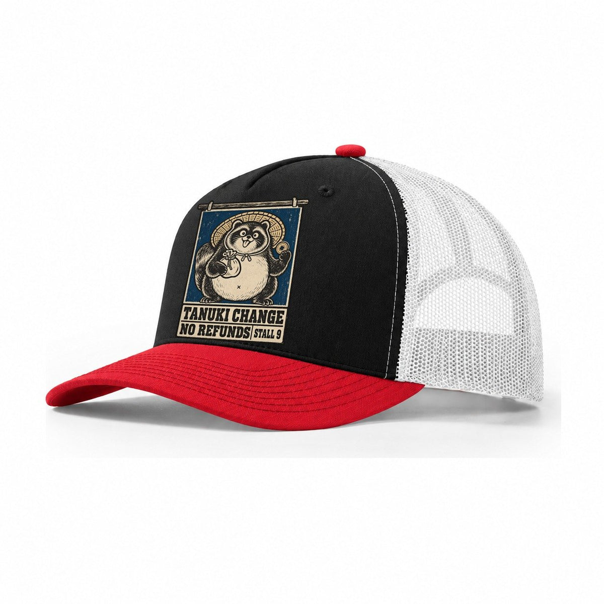 Tanuki Change Yokai Night Market Trucker Hat – Black Red White