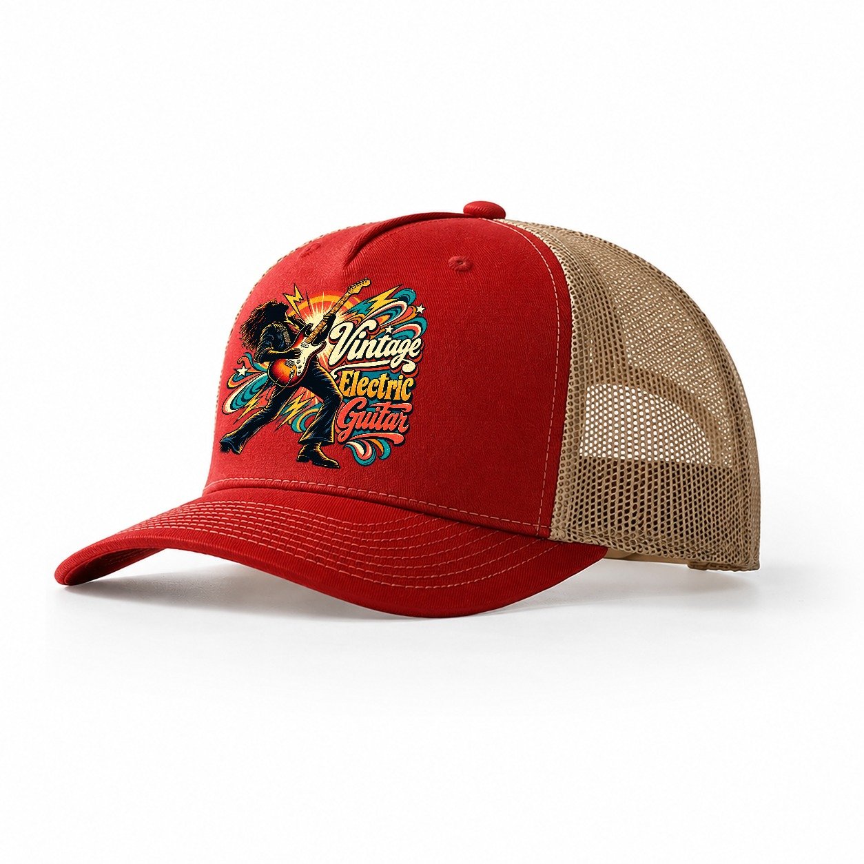 Vintage Electric Guitar Music Instruments Trucker Hat – Red Khaki