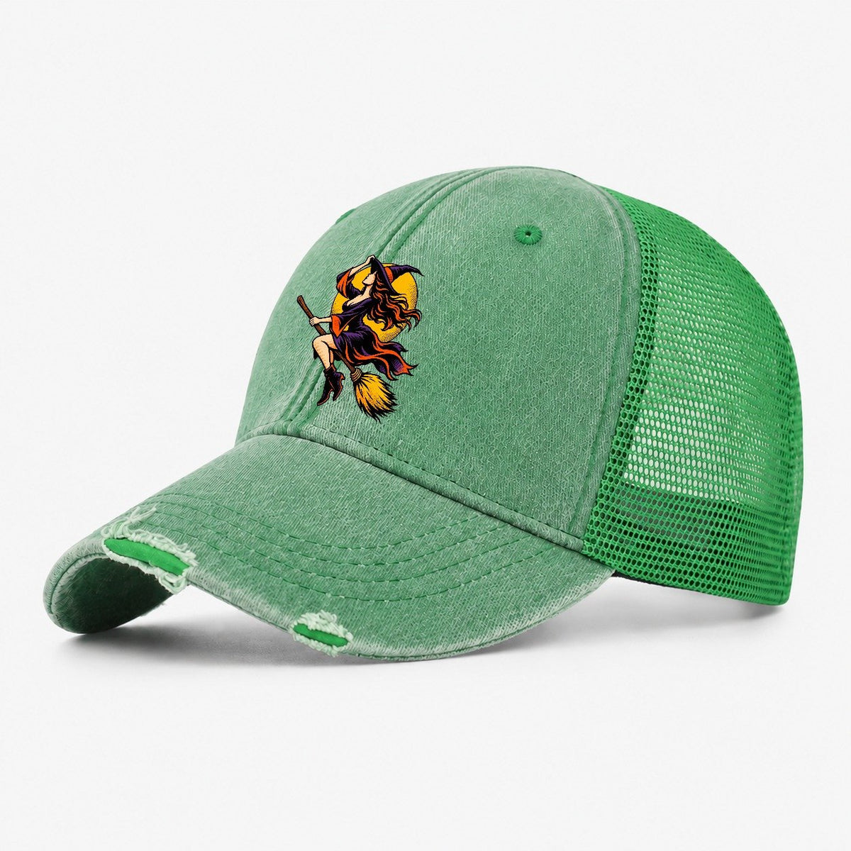 Pop Art Witch on Broom Washed Trucker Hat – Ink Green