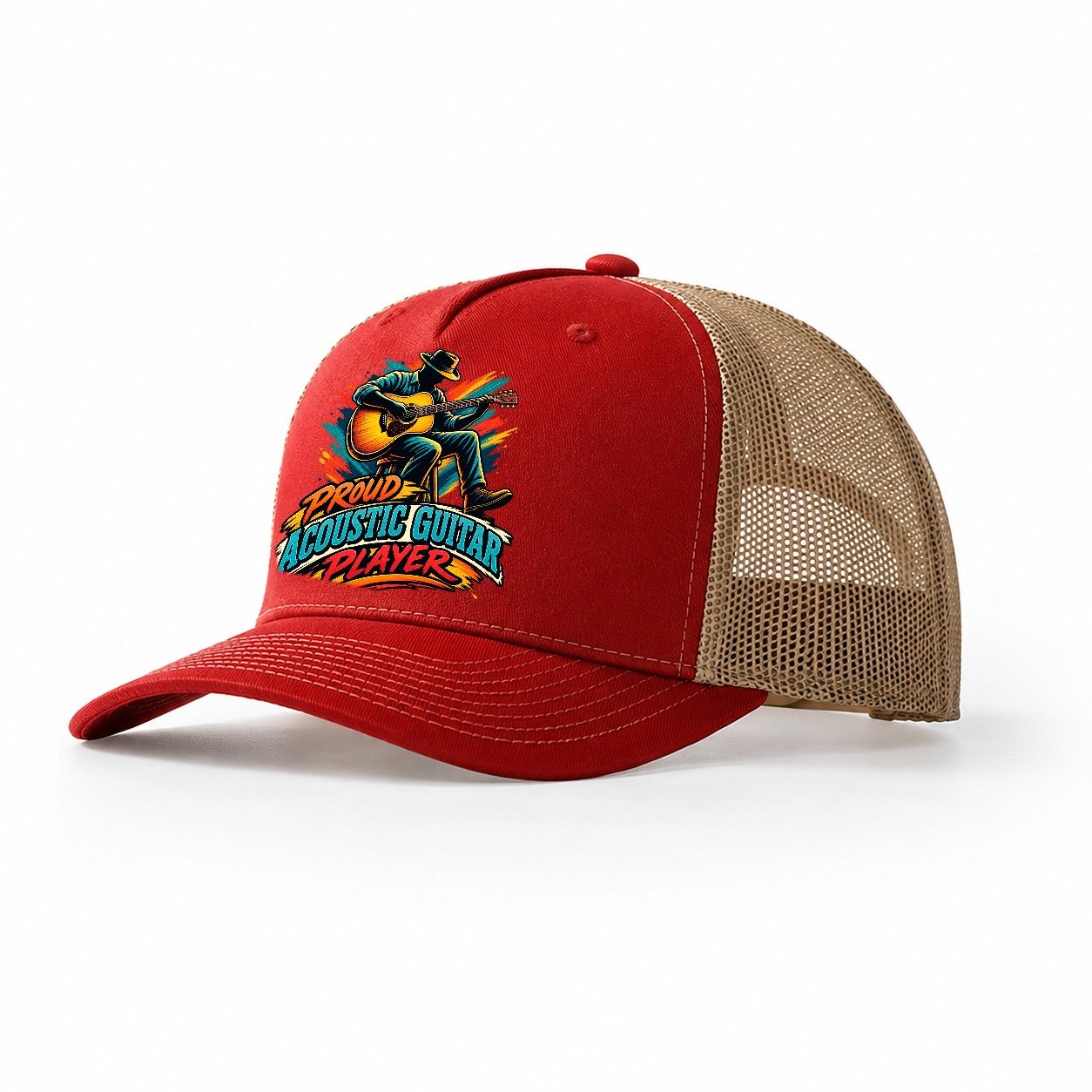 Proud Acoustic Guitar Player Music Instruments Trucker Hat – Red Khaki
