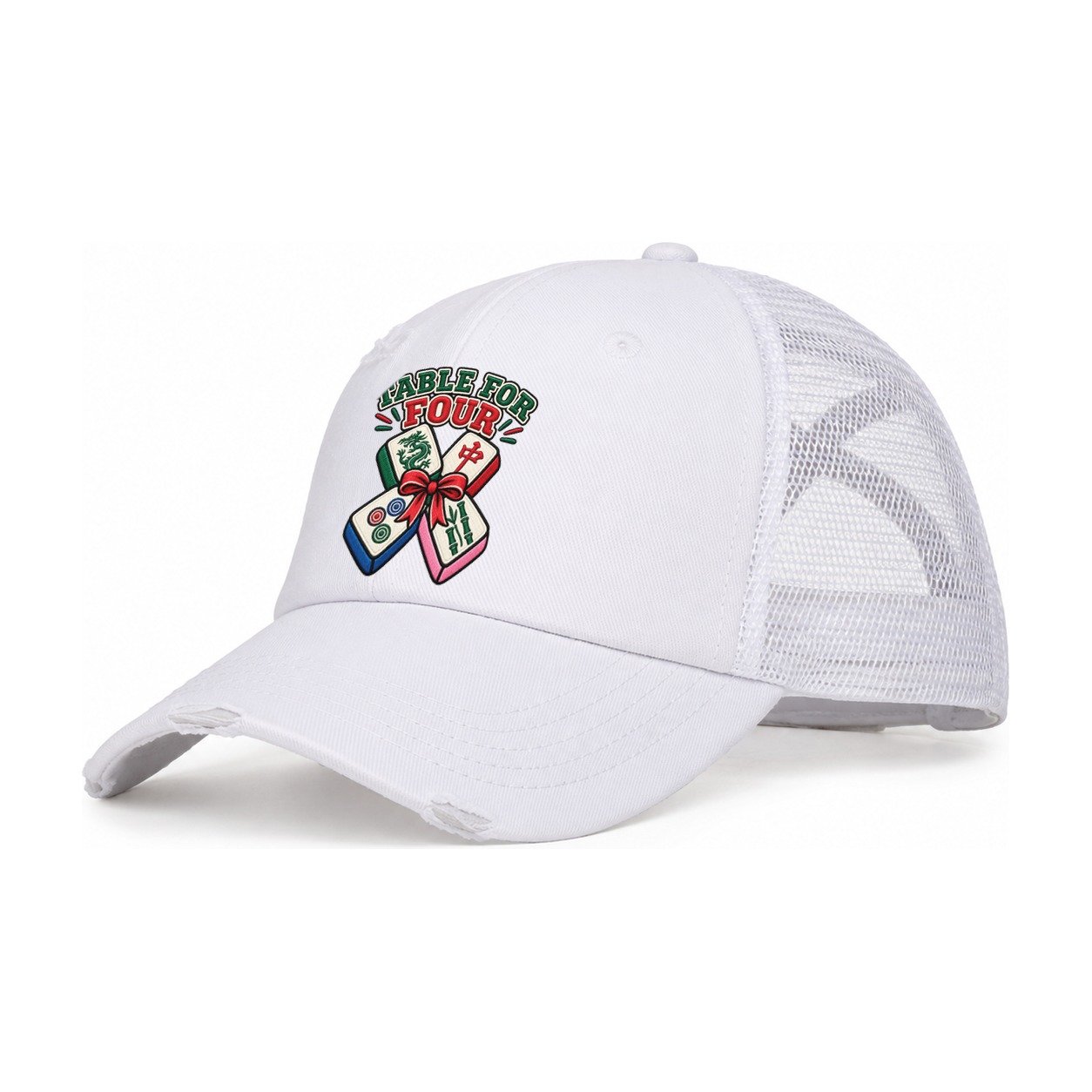 Table For Four Mahjong Game Night Women's Ponytail Trucker Hat – White White