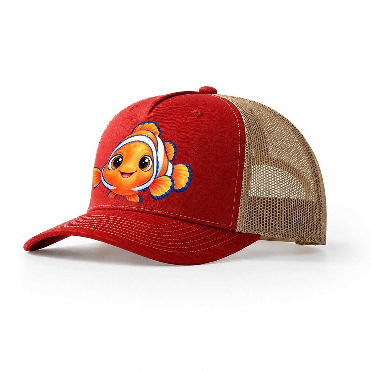 Clownfish Symmetric Hello Sea Sprite Trucker Hat – Red Khaki