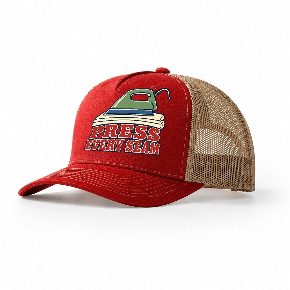 Press Every Seam Sewing And Quilting Trucker Hat – Red Khaki