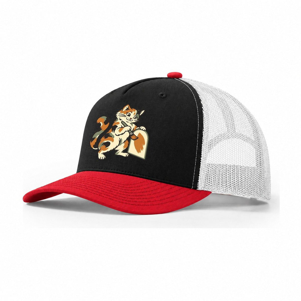 Calico Cat Painter Sundown Familiars Trucker Hat – Black Red White