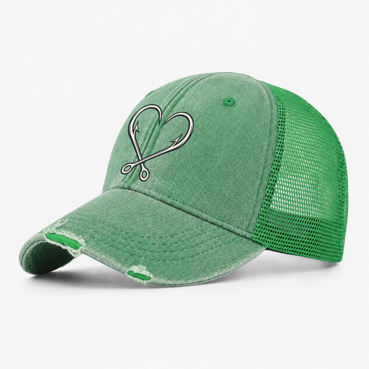 Hook Heart Fishing Elegant Washed Trucker Hat – Ink Green