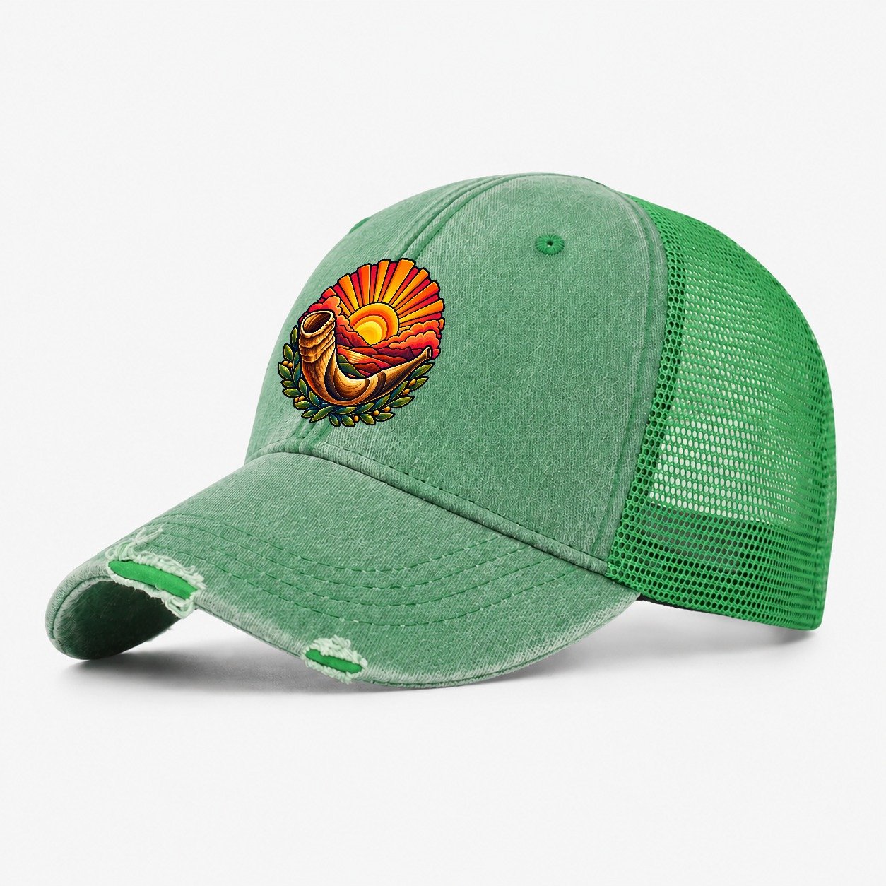 Shofar Sunrise Judaism Heritage Washed Trucker Hat – Ink Green