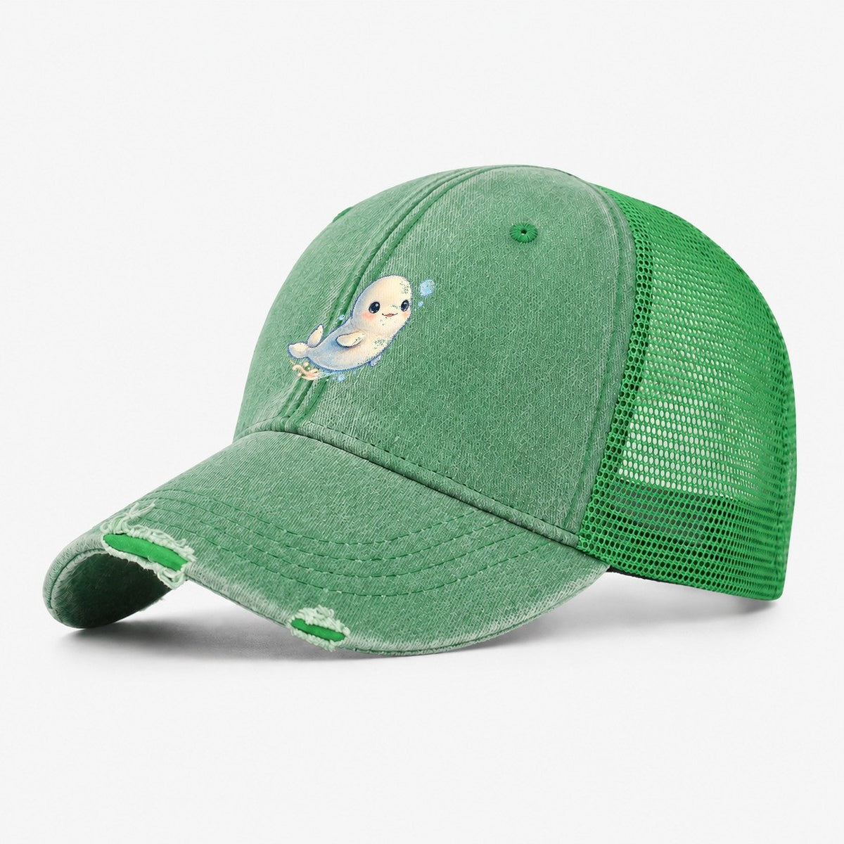 Beluga Whale Bubble Rise Sea Sprite Washed Trucker Hat – Ink Green