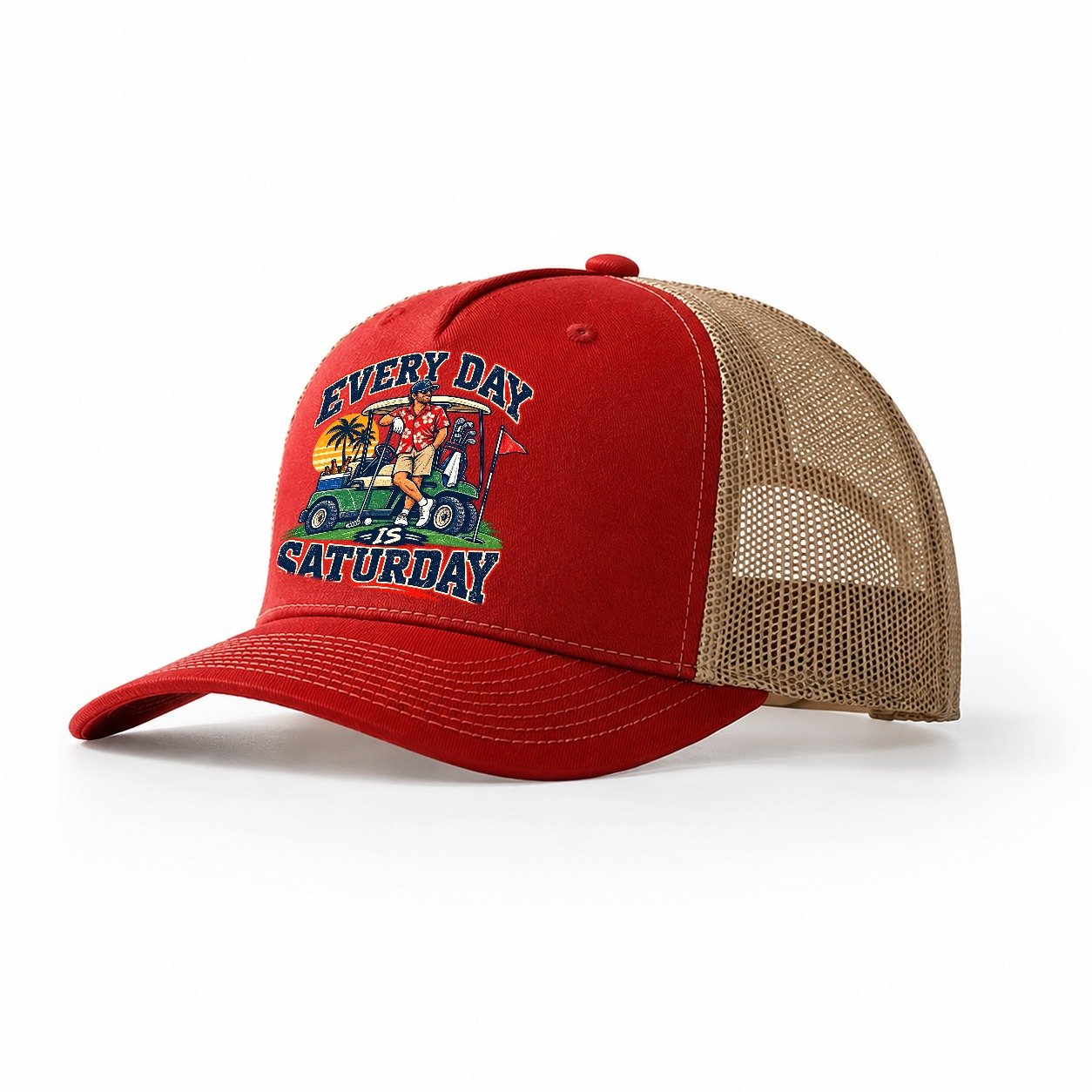 Every Day Is Saturday Golf Life Trucker Hat – Red Khaki
