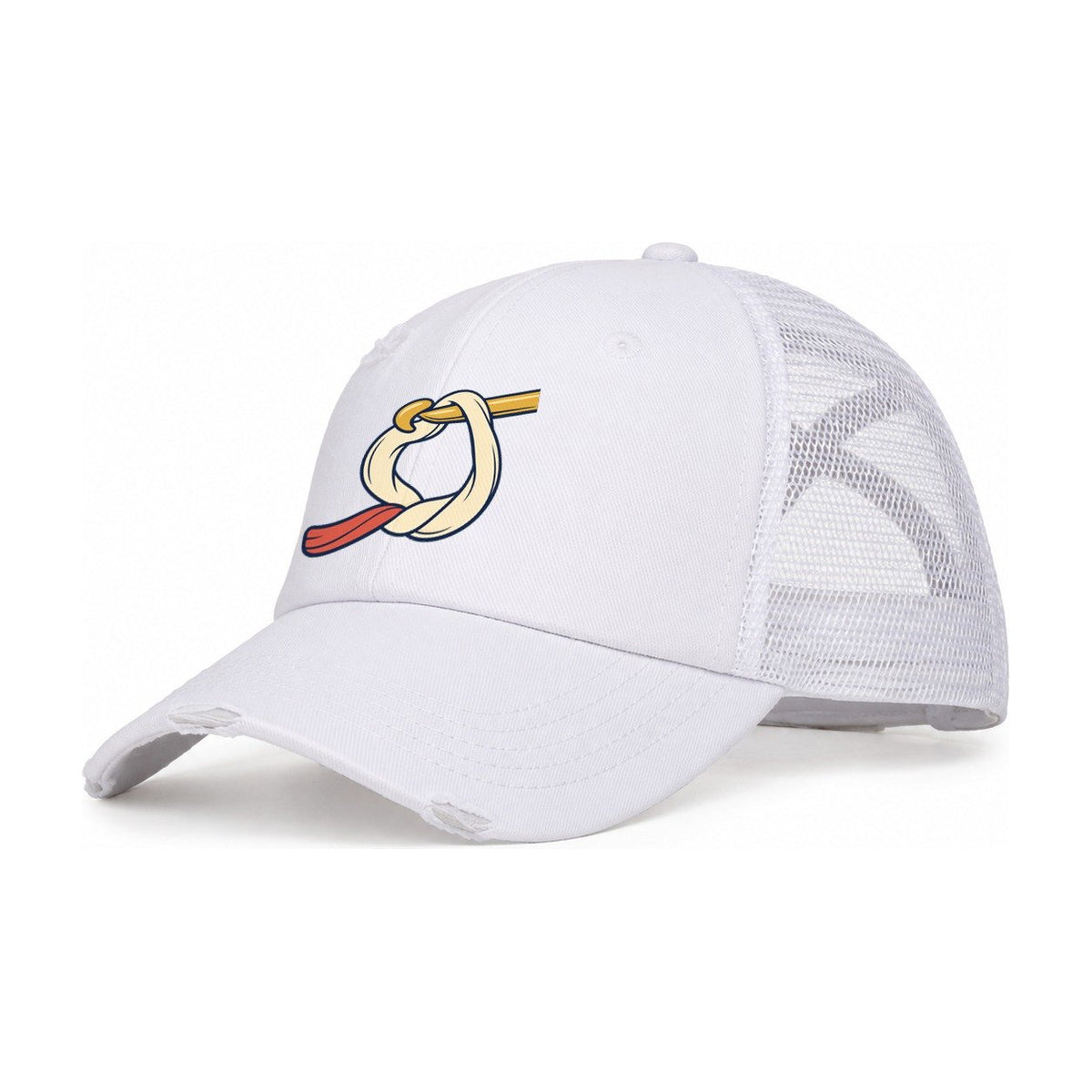 Working Loop Close Up Yarn Crafts Women's Ponytail Trucker Hat – White White