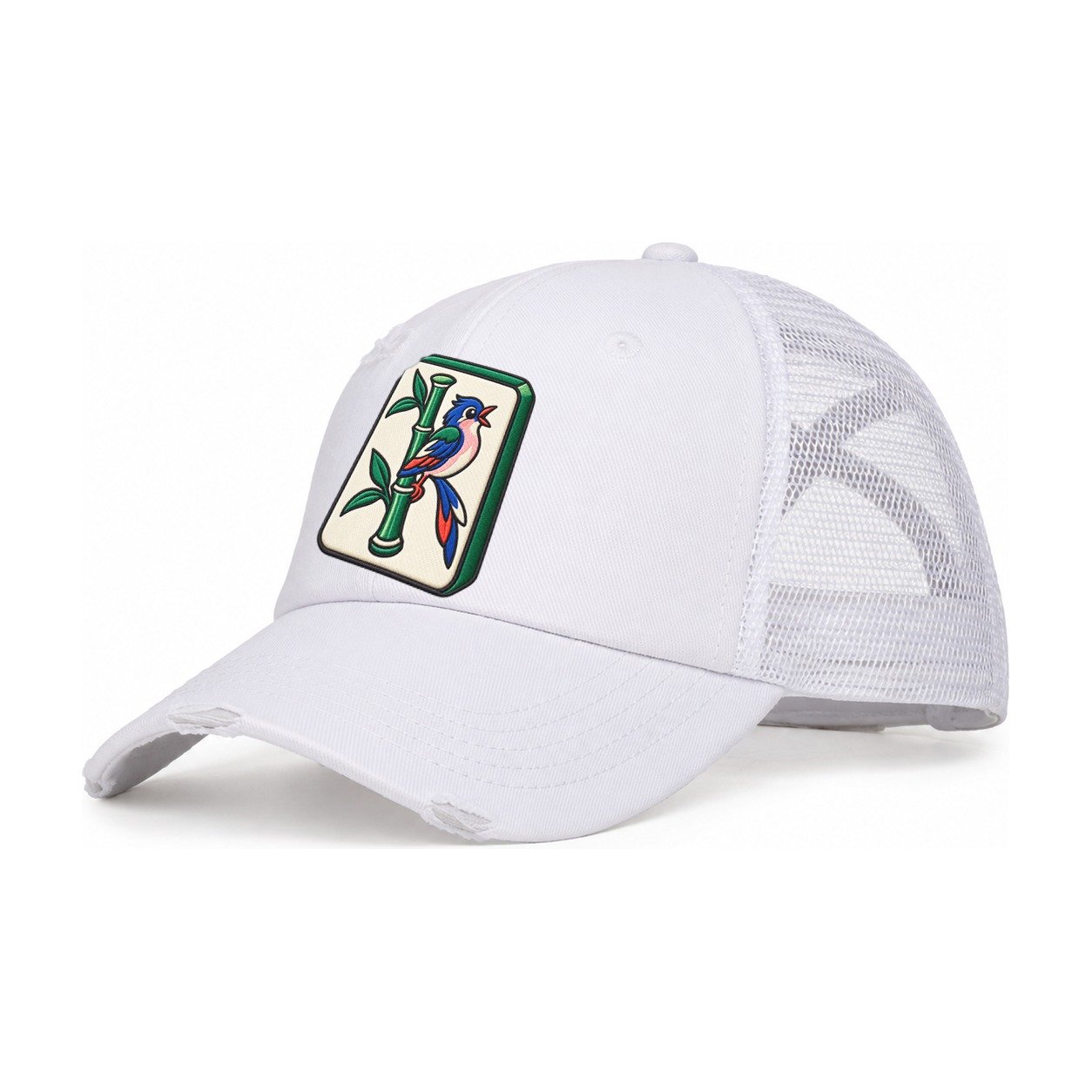 Bamboo Songbird Mahjong Game Night Women's Ponytail Trucker Hat – White White