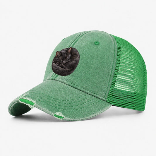 Black Cat Tail Crescent Nap Pastimes Companions Washed Trucker Hat – Ink Green