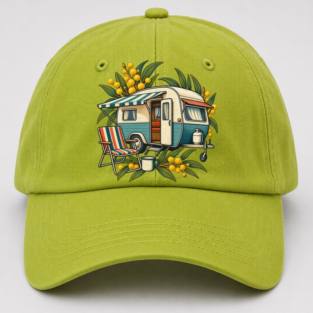 Retro Caravan Folding Chair And Enamel Mug Australia Cultural Icons Baseball Cap – Fluorescent Green