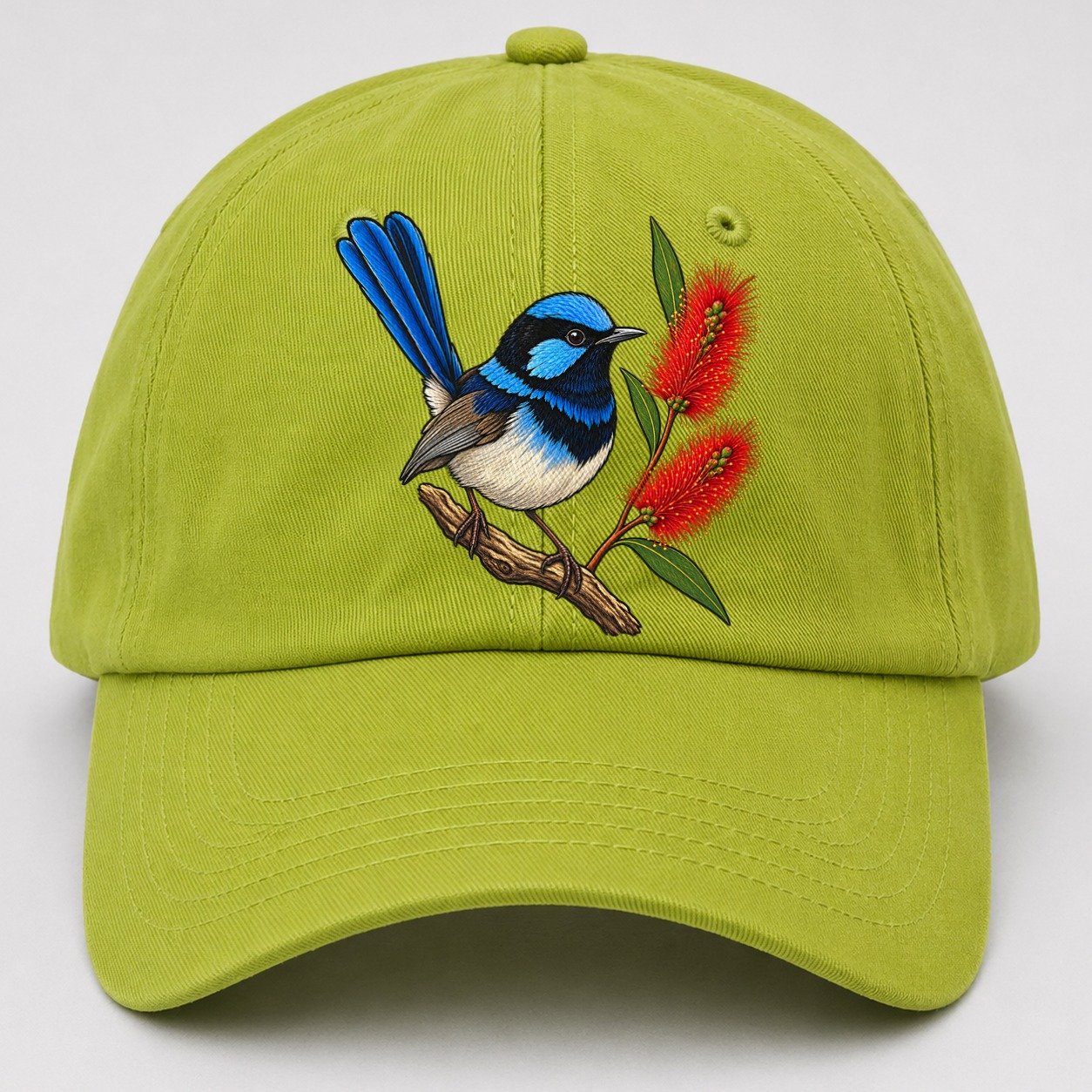 Superb Fairywren And Bottlebrush Australia Cultural Icons Baseball Cap – Fluorescent Green