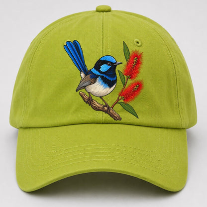 Superb Fairywren And Bottlebrush Australia Cultural Icons Baseball Cap – Fluorescent Green