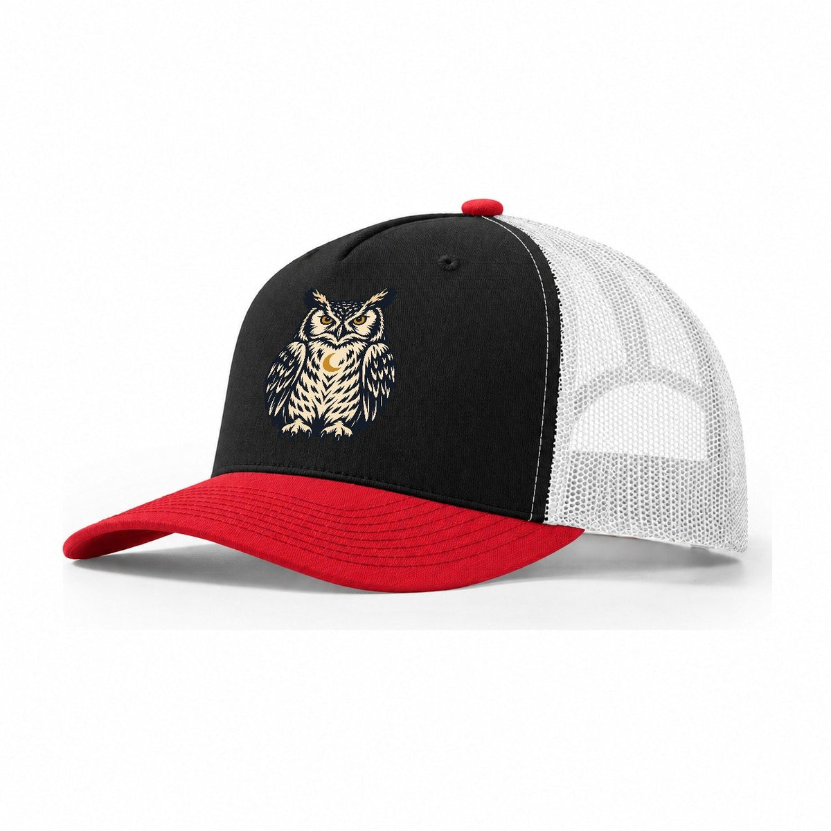 Owl Hourglass Eyes Sundown Familiars Trucker Hat – Black Red White
